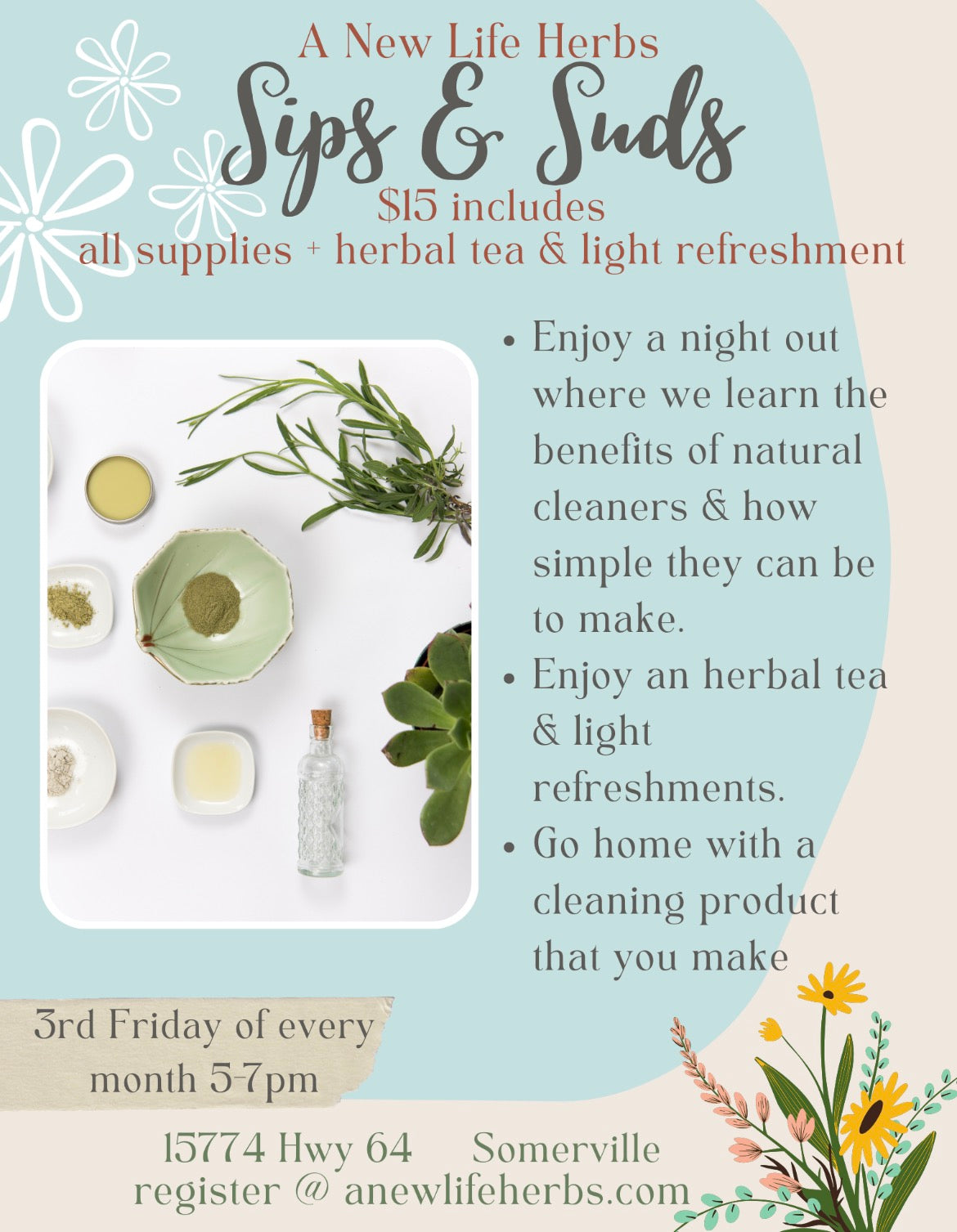 Sips & Suds Homemade Cleaner Class March 20th 5-7